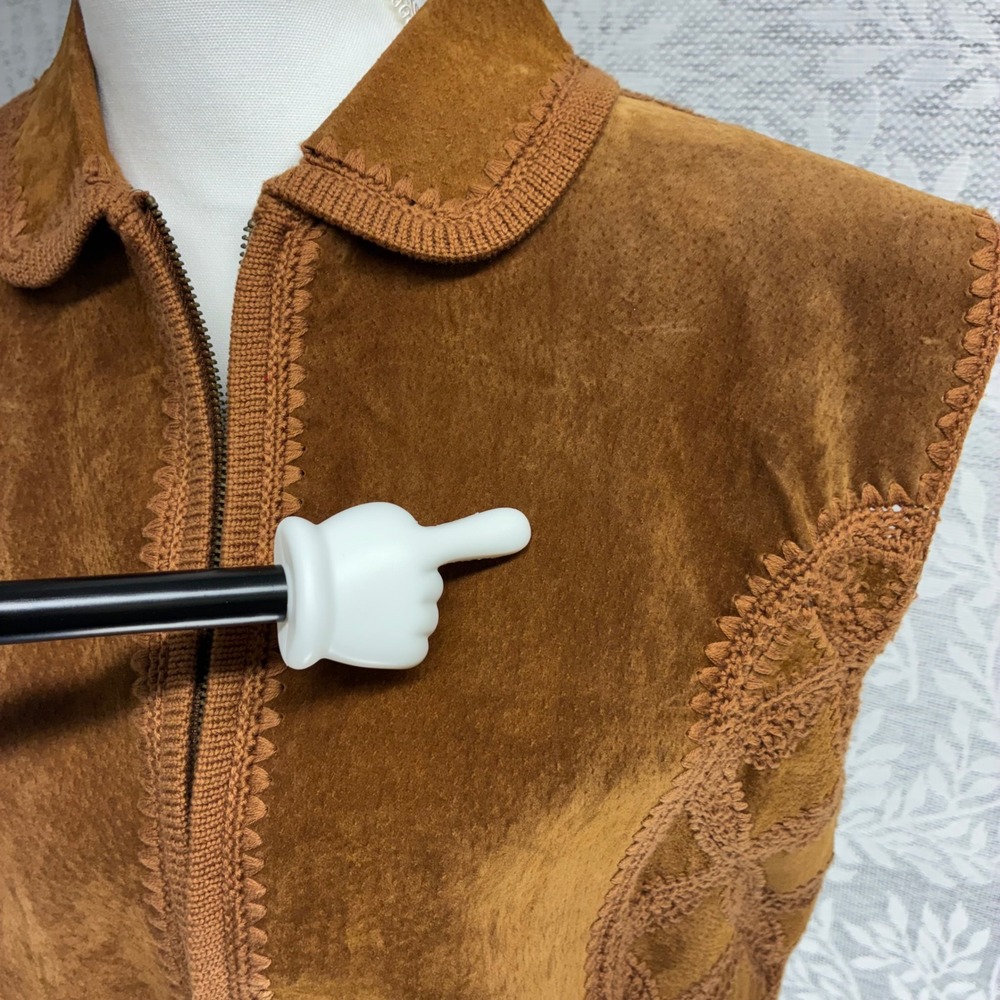 Lisa International Suede Knit Vest Womens XL Brown Crochet Zip Front Vintage 70s - Picture 7 of 13